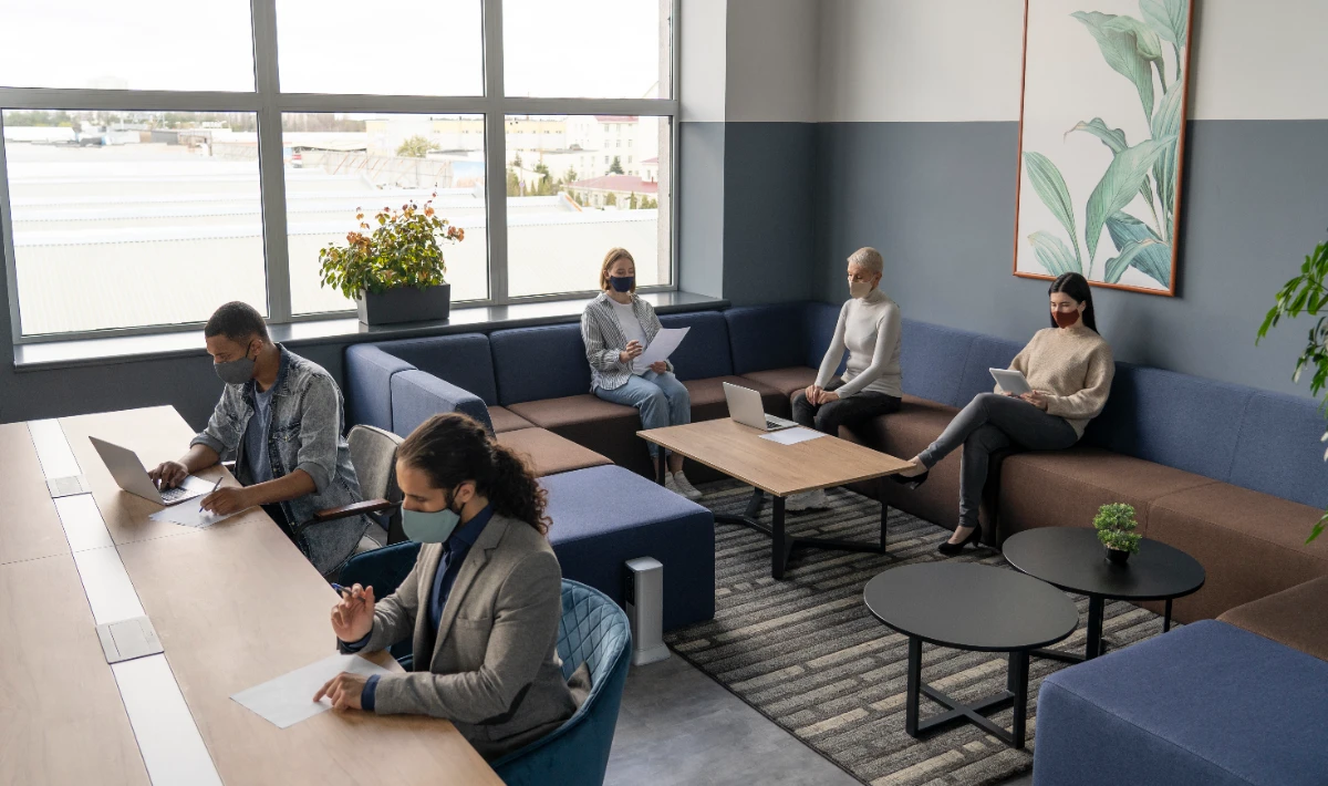 Luxury office layout dividing work, meeting, and pause zones clearly