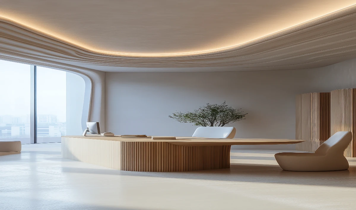 Curved gypsum ceiling elements softening rigid office layouts