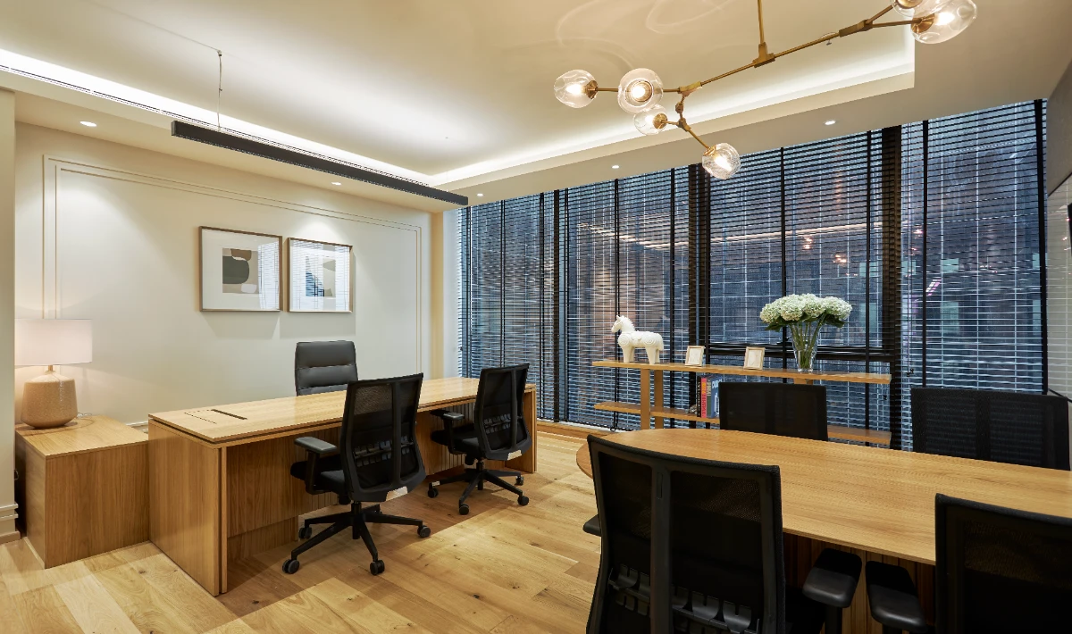 Neutral tone wooden office interior design with calm and balanced visuals