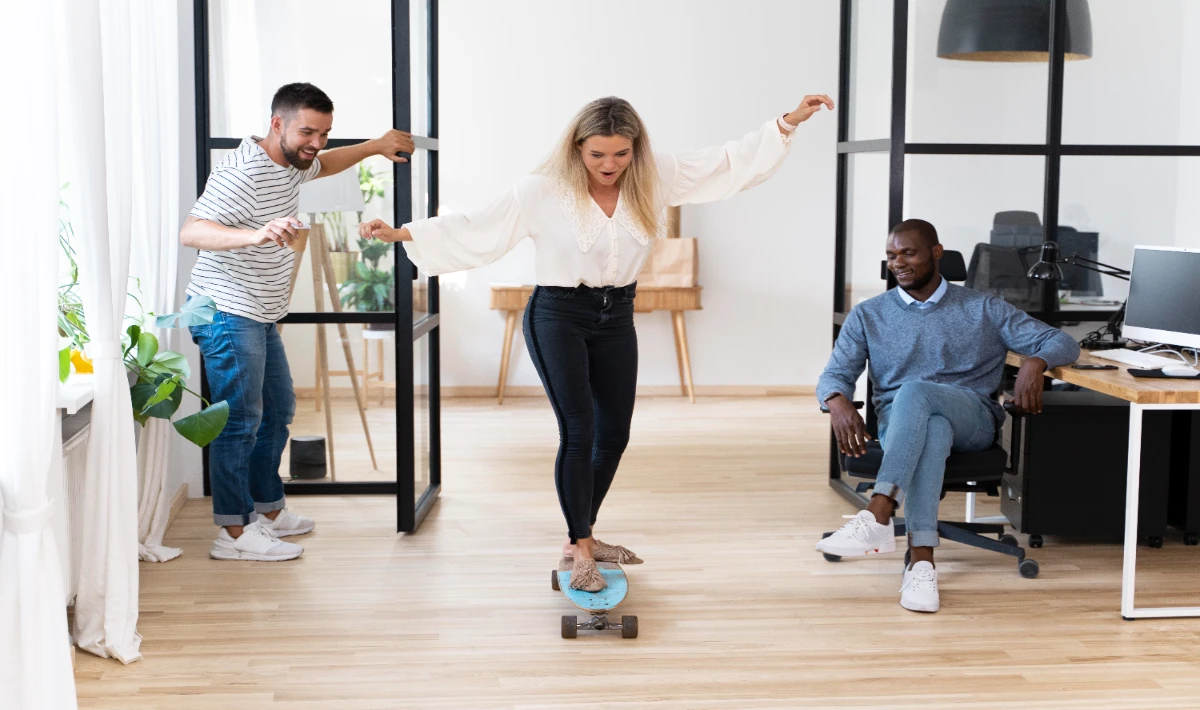 Corporate office wellness elements integrated into circulation paths