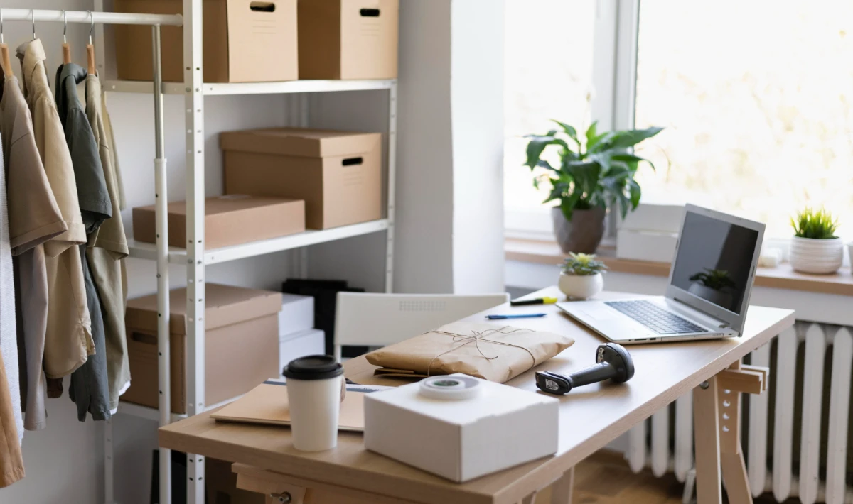 Small real estate office interior with smart storage and open layout