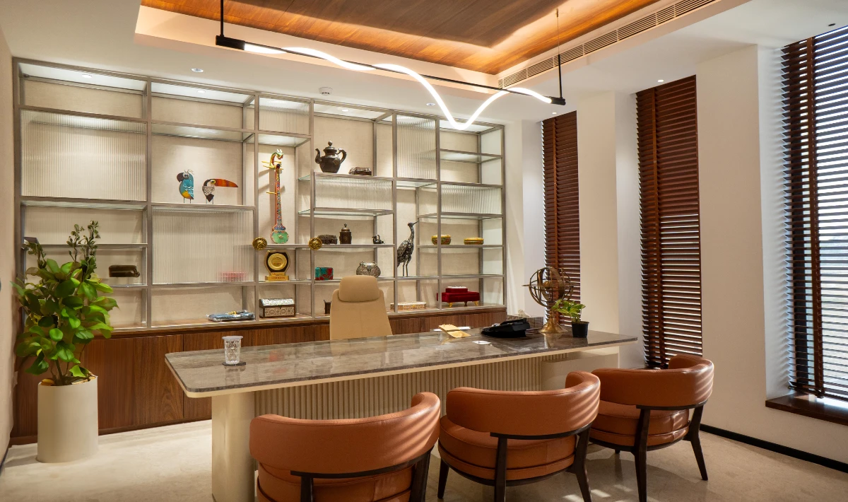 Executive office design white interior with large desk and elegant lighting