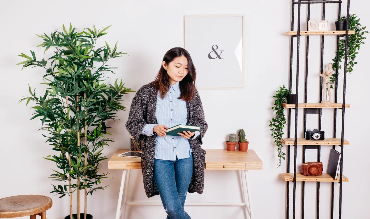 Indoor plants used in creative small office interior design balance