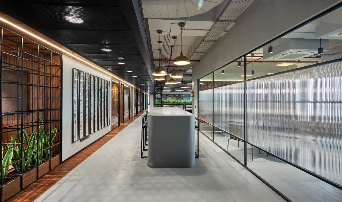 Interior design using repeated shapes and colours to guide visual flow