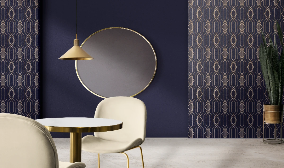 Inky navy blue and cream office colours with calm depth
