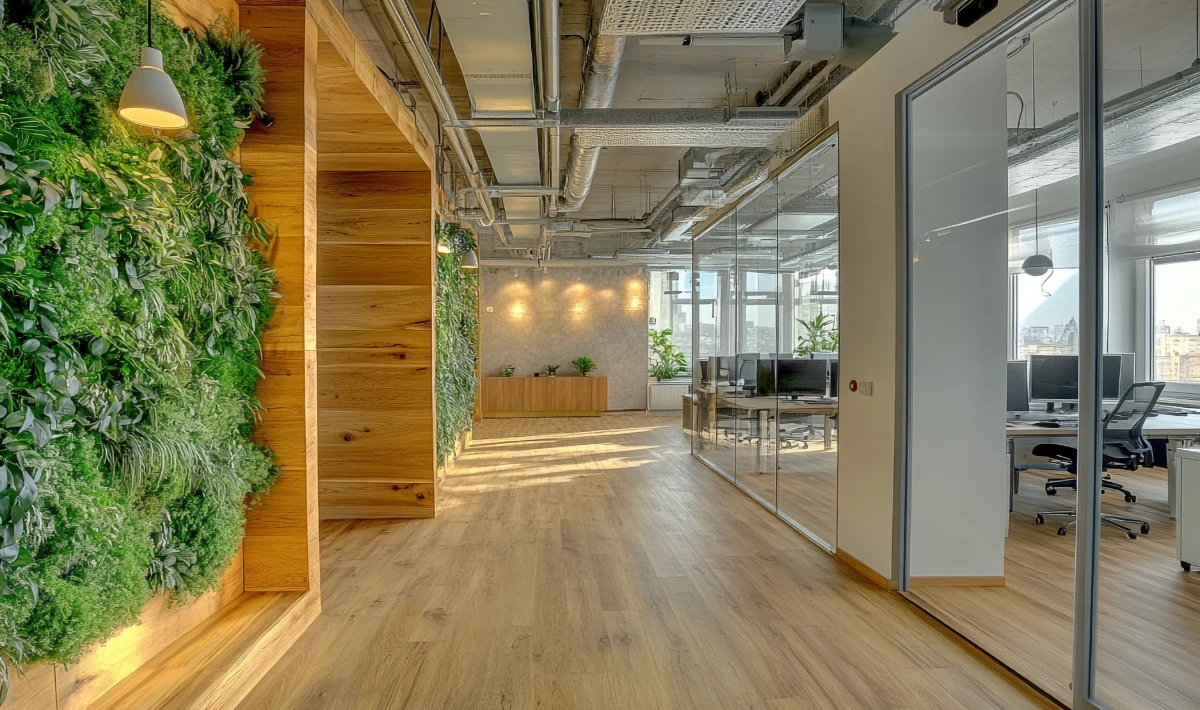Wooden texture adding warmth and a natural feel to modern office space