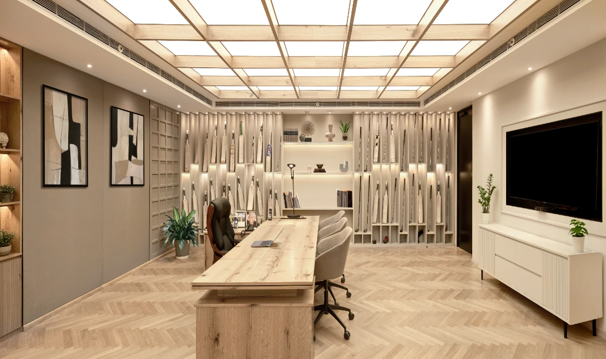 Wooden wall design with integrated storage units for office organisation
