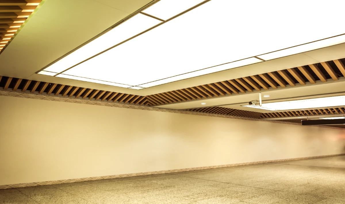 Ceiling branding integrated into gypsum false ceiling design