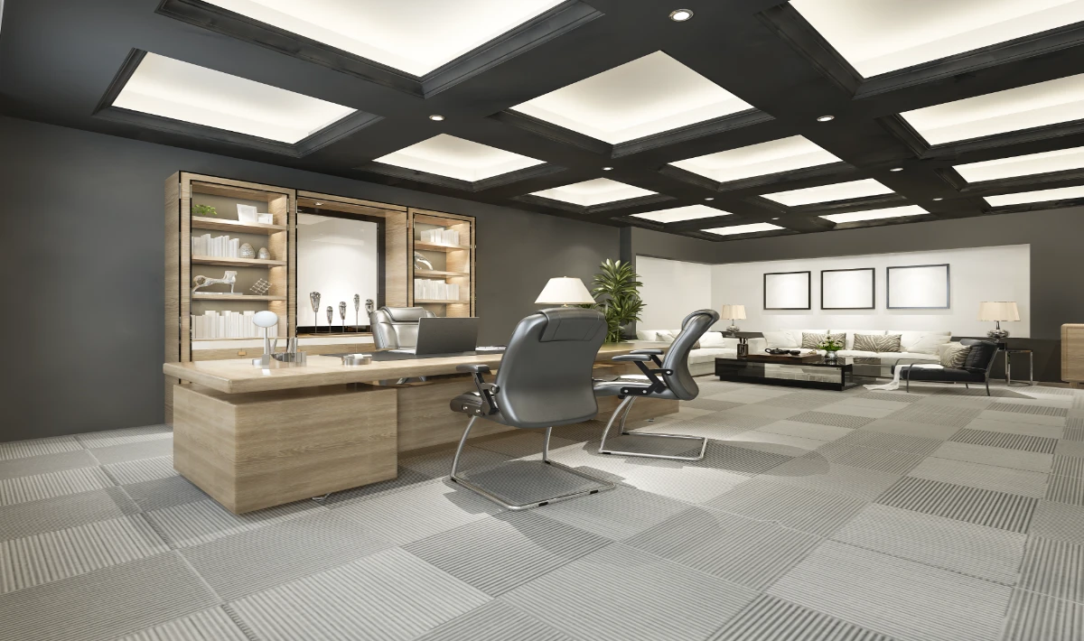 Zoned lighting within gypsum ceiling design for work areas