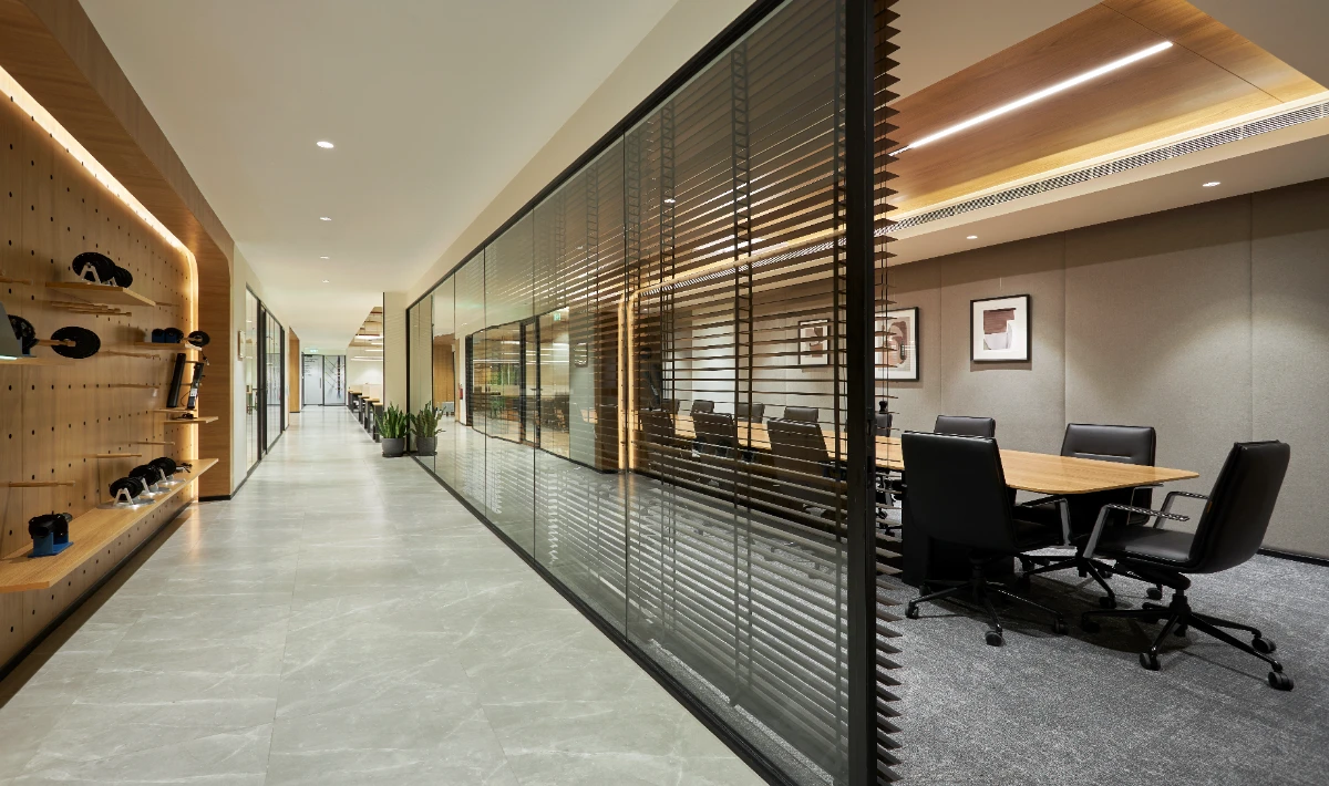 Premium wooden office interior design with rich finishes and detailing