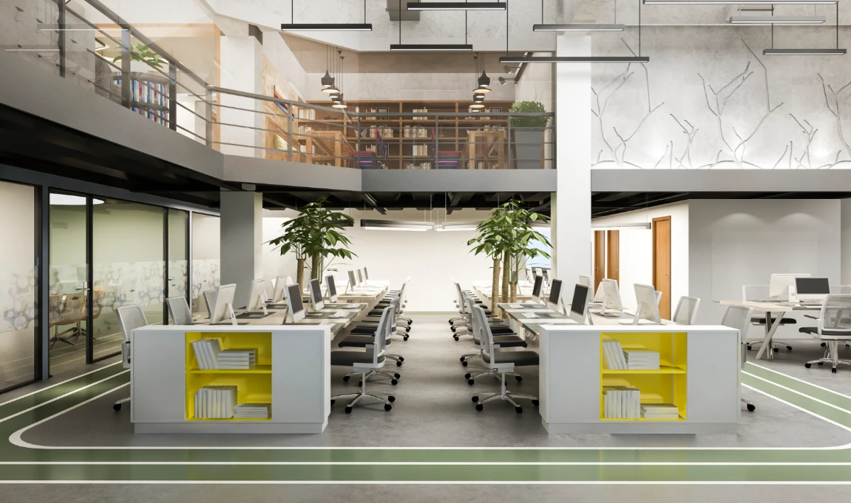 Open office layout with defined zones for teamwork and focused work