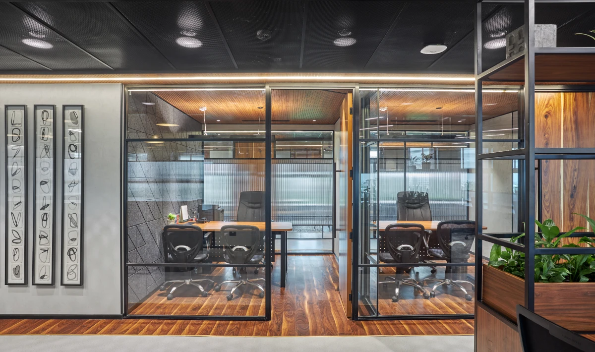 Boss cabin interior with glass partition for openness and clarity