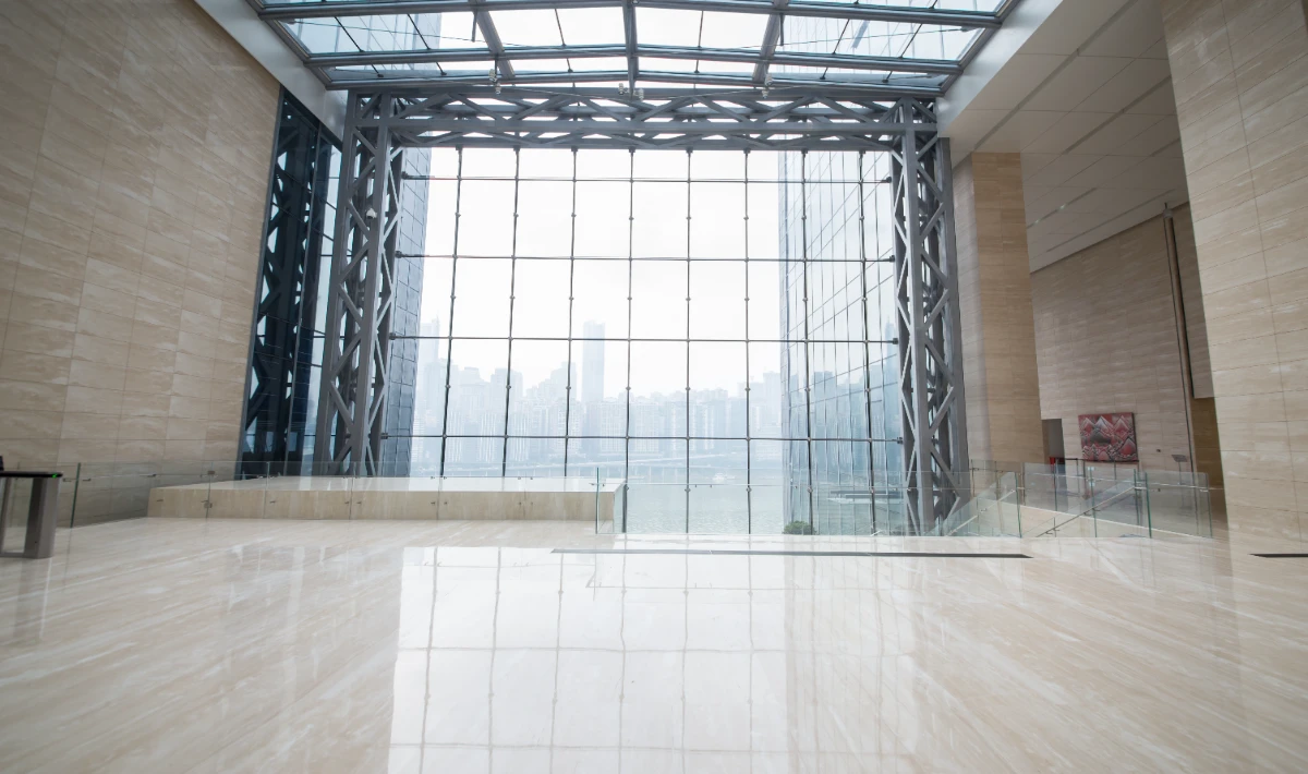 Glossy office wall tiles improving brightness in low light areas up